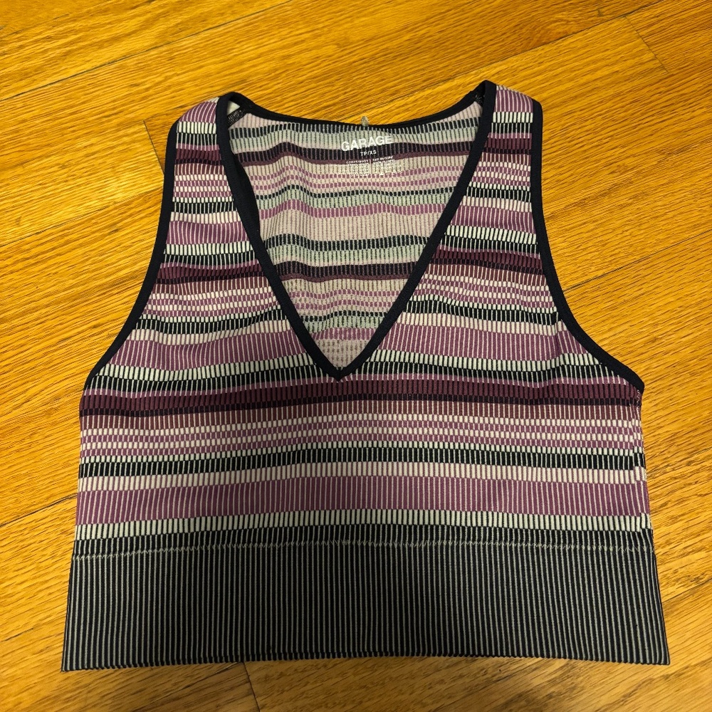 garage stella seamless plunge tank top purple polyester multicolor retro striped